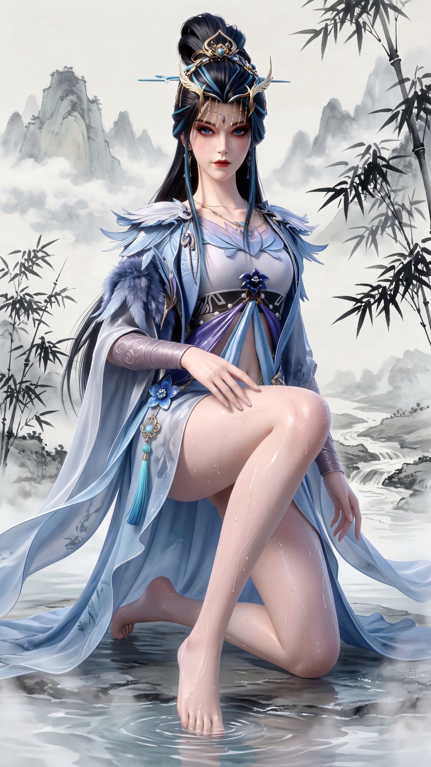 反差感拉满 百炼成神 殷稚 国漫壁纸 动漫美女 大长腿 山水画水墨背景,第2张