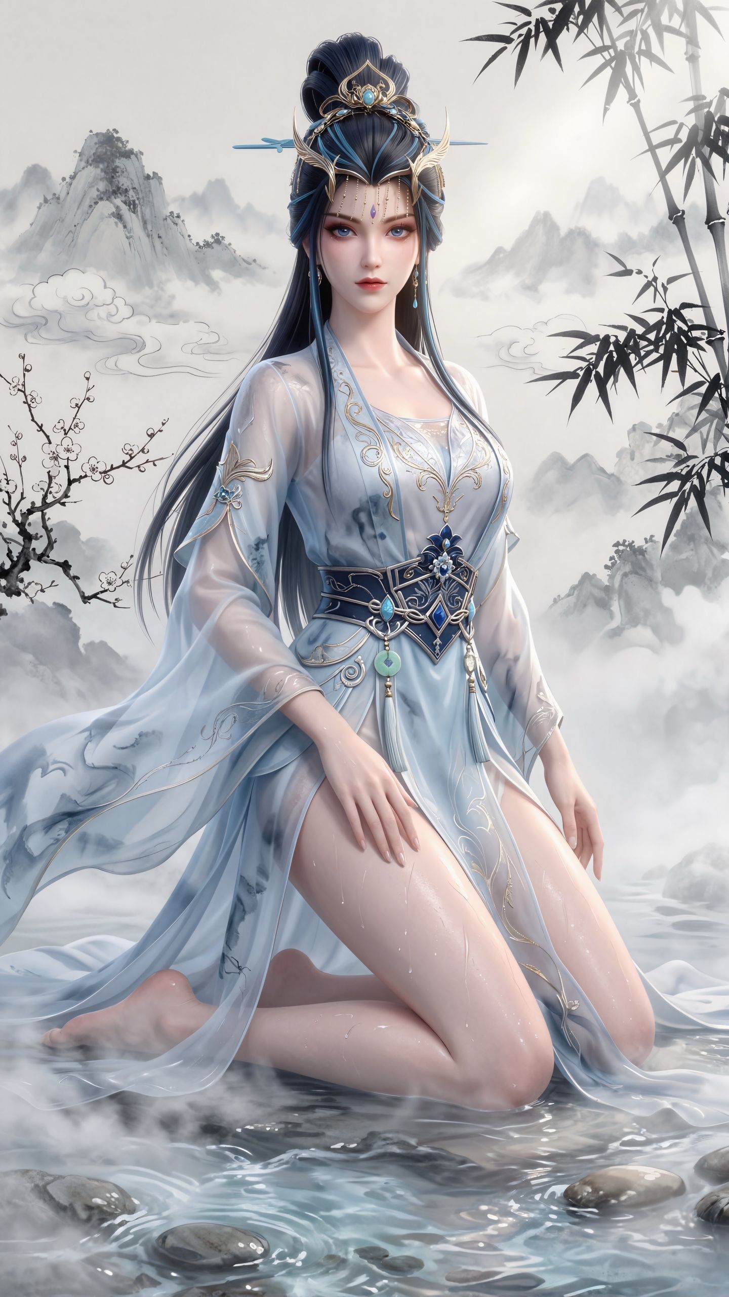 反差感拉满 百炼成神 殷稚 国漫壁纸 动漫美女 大长腿 山水画水墨背景,第3张