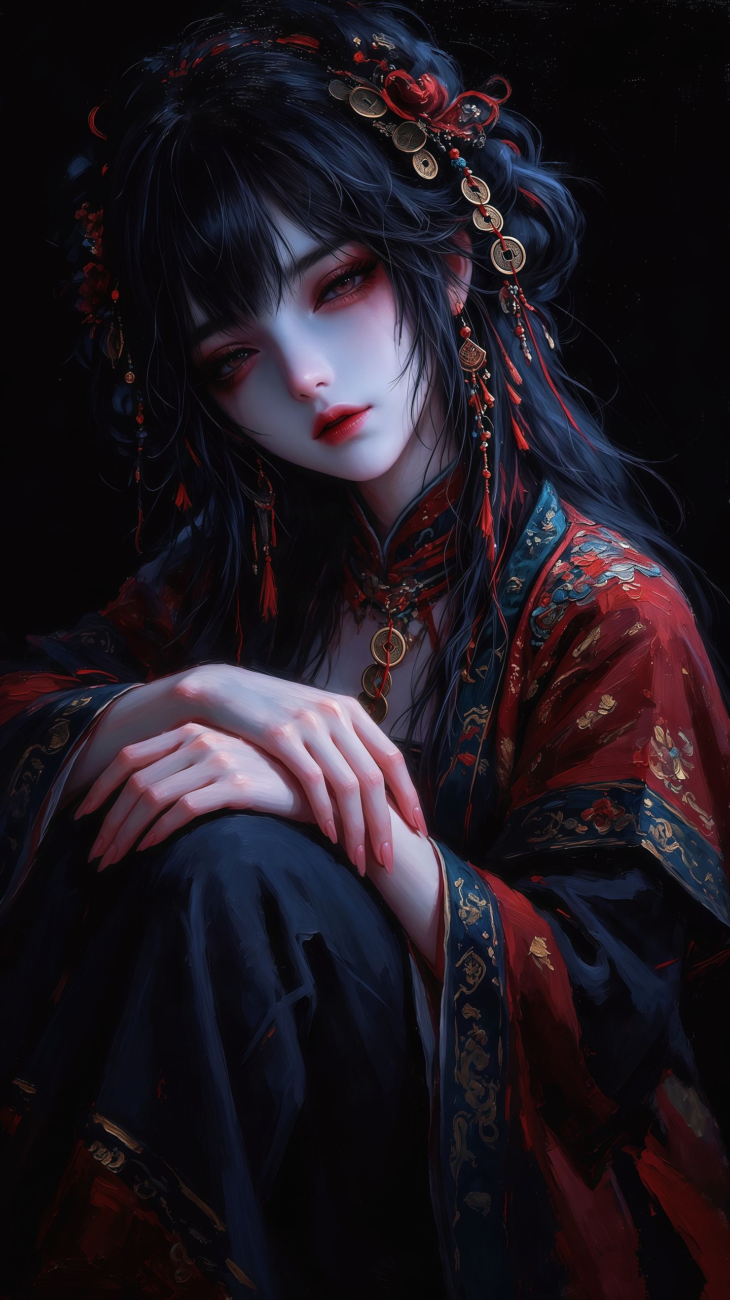 手机壁纸 诡异 红绳 ai插画 暗色深色背景,第2张