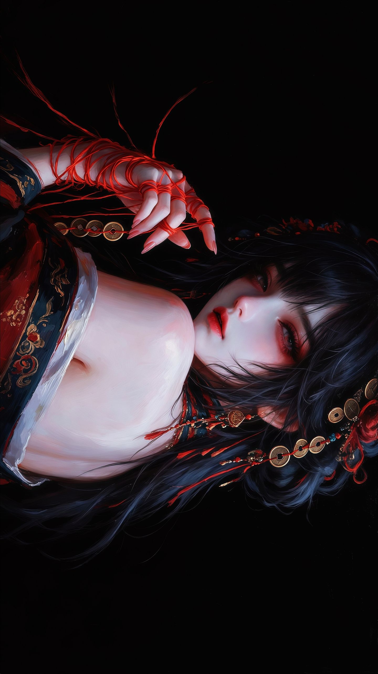 手机壁纸 诡异 红绳 ai插画 暗色深色背景,第5张