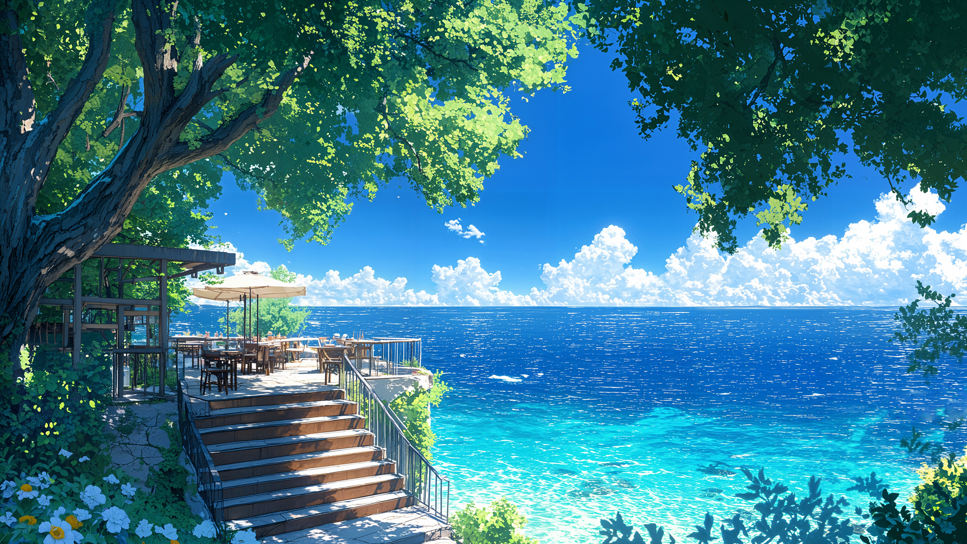 夏天海边绿荫风景 超清壁纸 温馨舒适,第1张