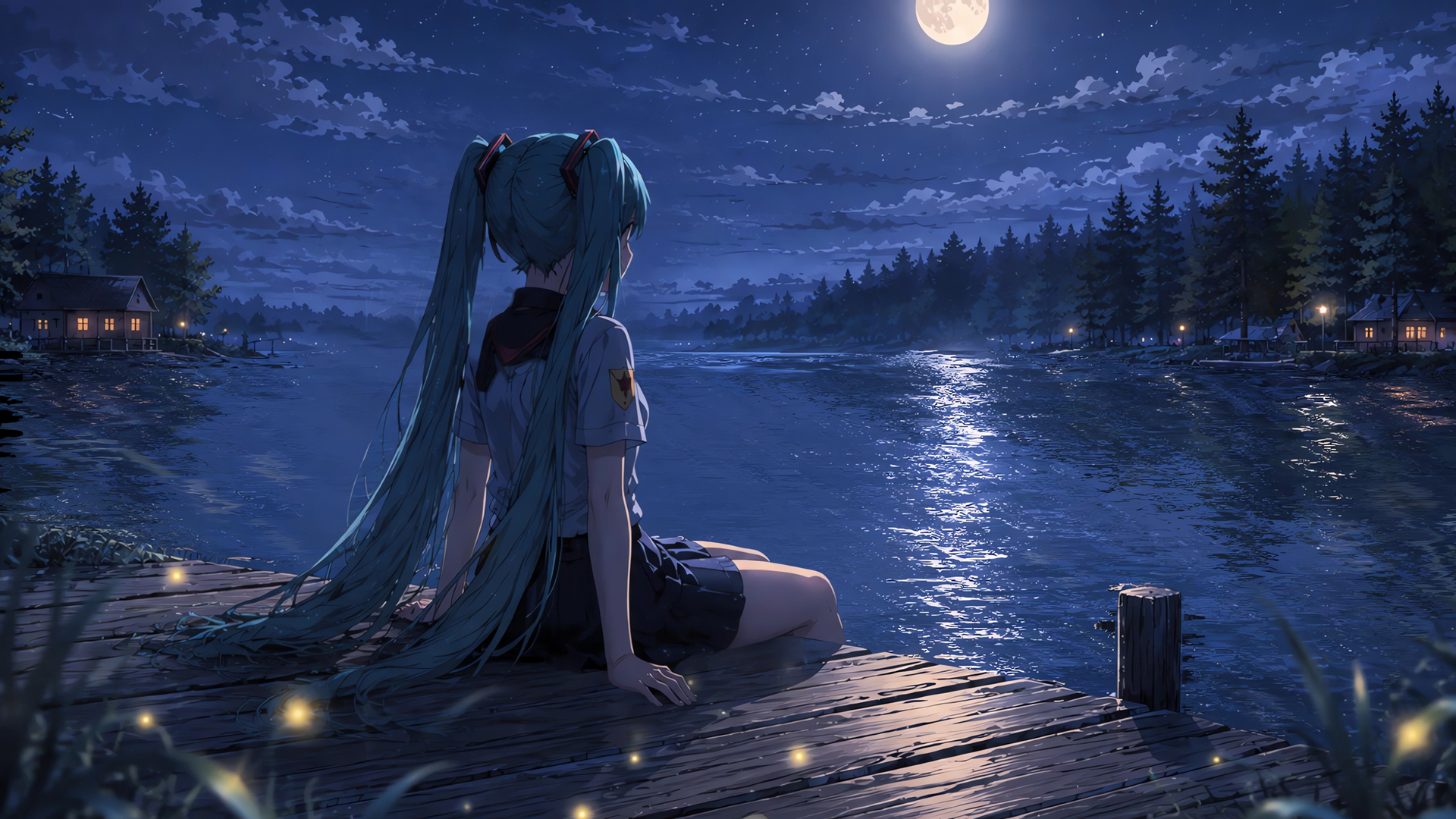 初音未来 湖边 码头 夜晚 动漫桌面壁纸,第1张