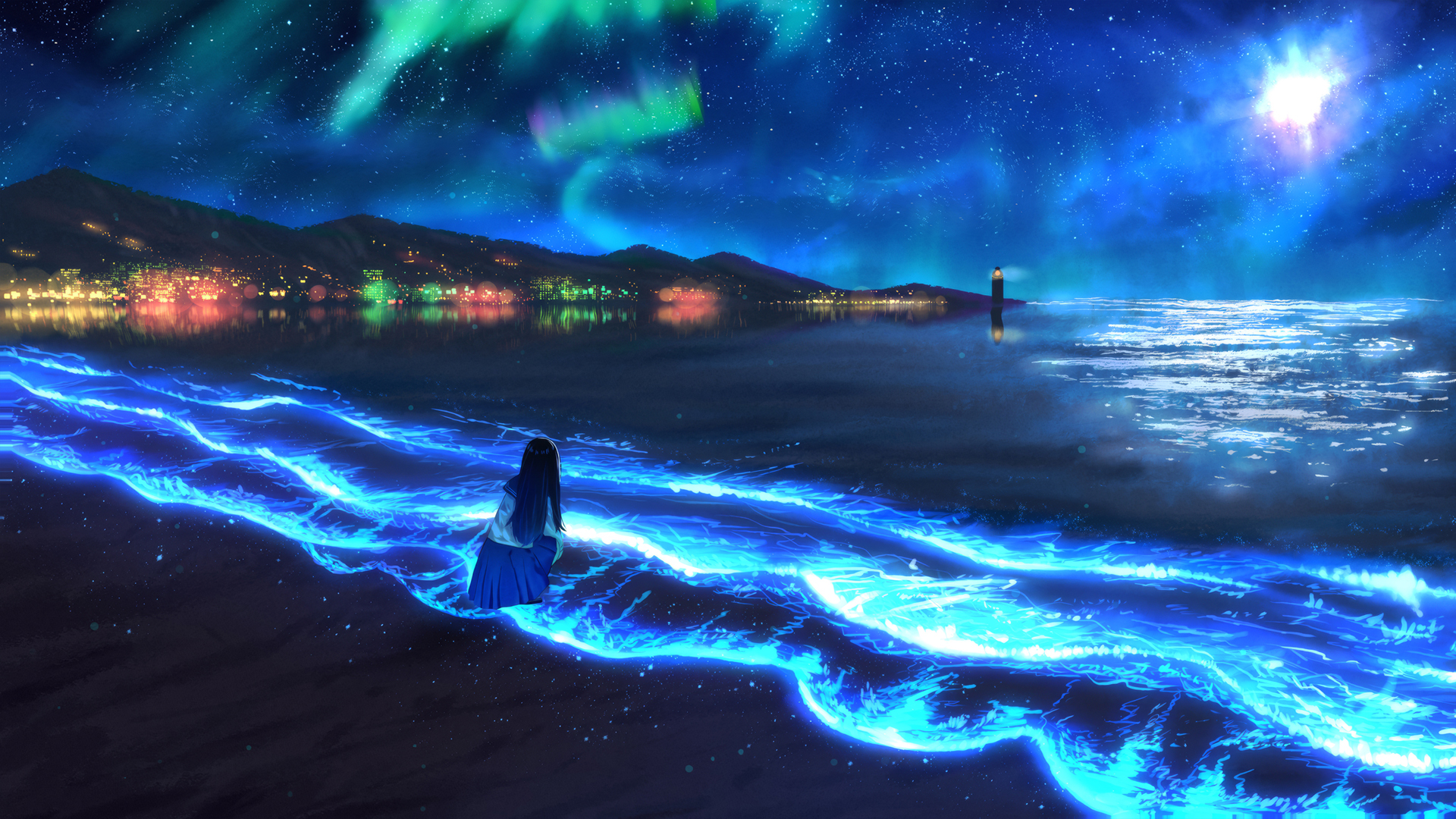 夜晚 海边 海浪 女孩背影 唯美星空 高清桌面壁纸,第1张 夜晚 海边 海浪 女孩背影 唯美星空 高清桌面壁纸,第1张